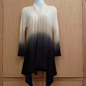 Lauren Michelle SZ L LS Ombre Wh/Tan/Navy Open Ruana/Floater/Cardigan